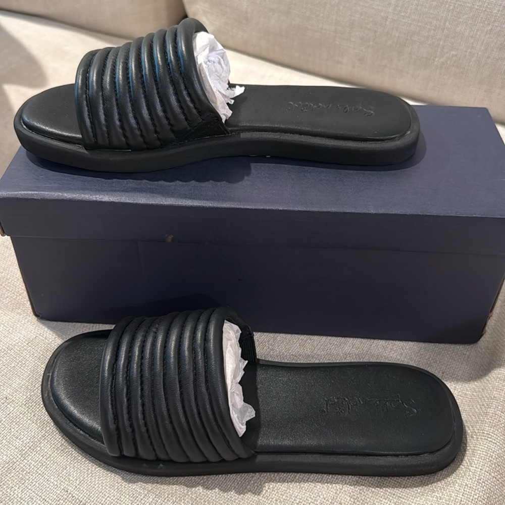 New! Splendid  Petunia rivaled black slip on sandals